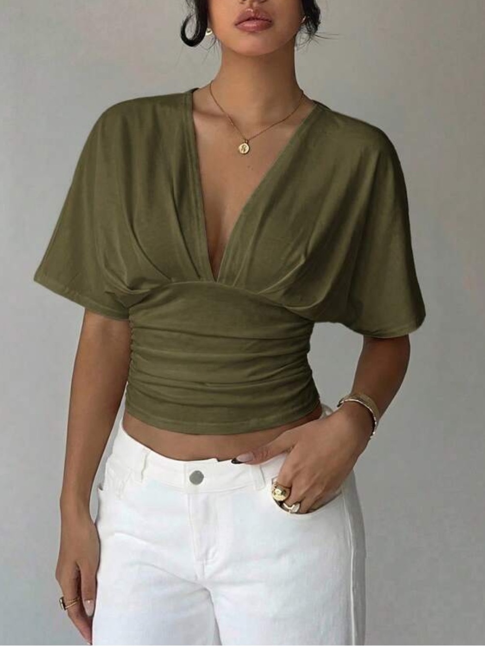 Ruched Deep V Crop Top in Green